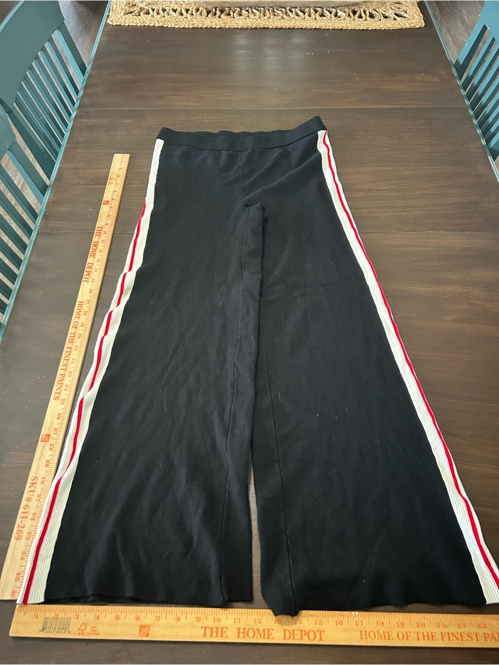 House of Harlow 1960 Black Wide-Leg Knit Pants with Red and White Side Stripes